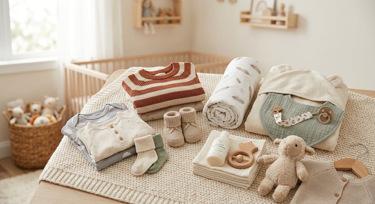 Newborn baby essentials set arranged on a wooden table, including folded cotton clothes, a woven basket, feeding bottles, a pacifier with clip, wooden rattle, soft hairbrush, and baby socks in neutral tones.