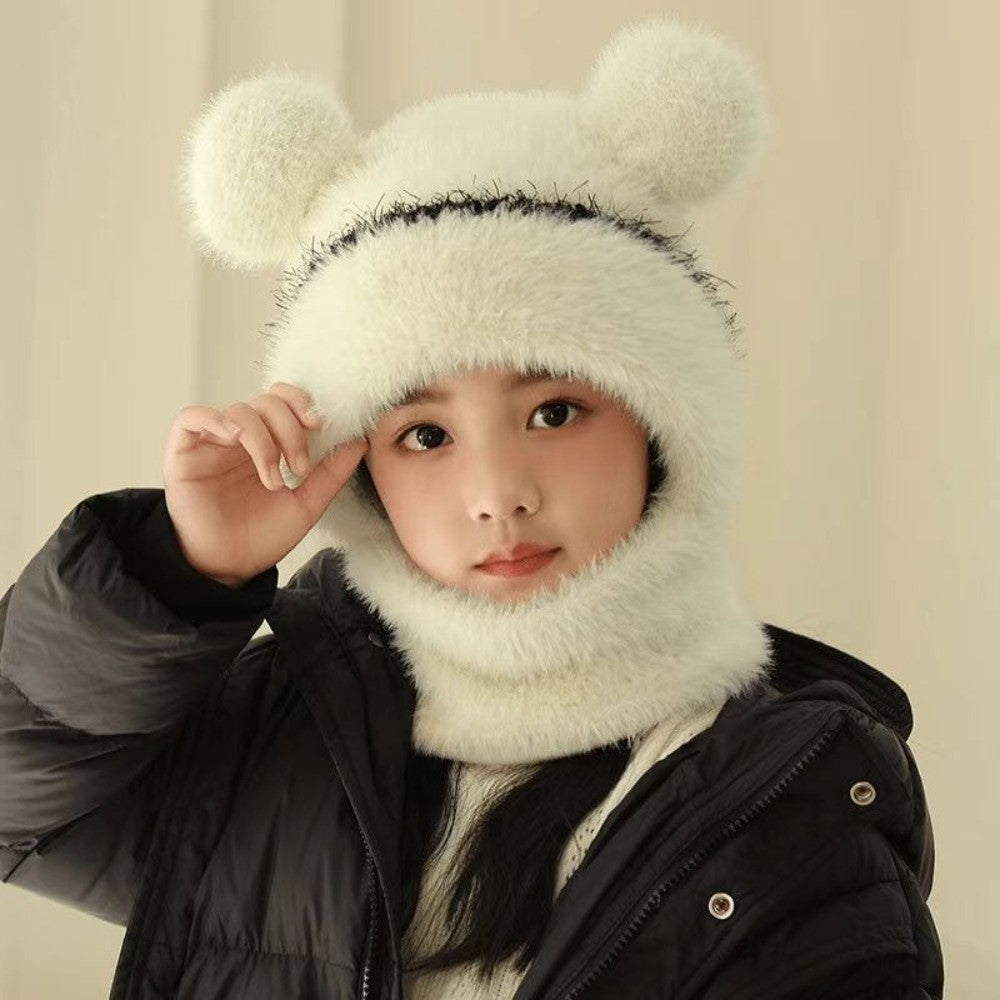 New Warm Scarf Mask Integrated Hat Pompom Windproof Hooded Hat Coldproof Beanie Hat