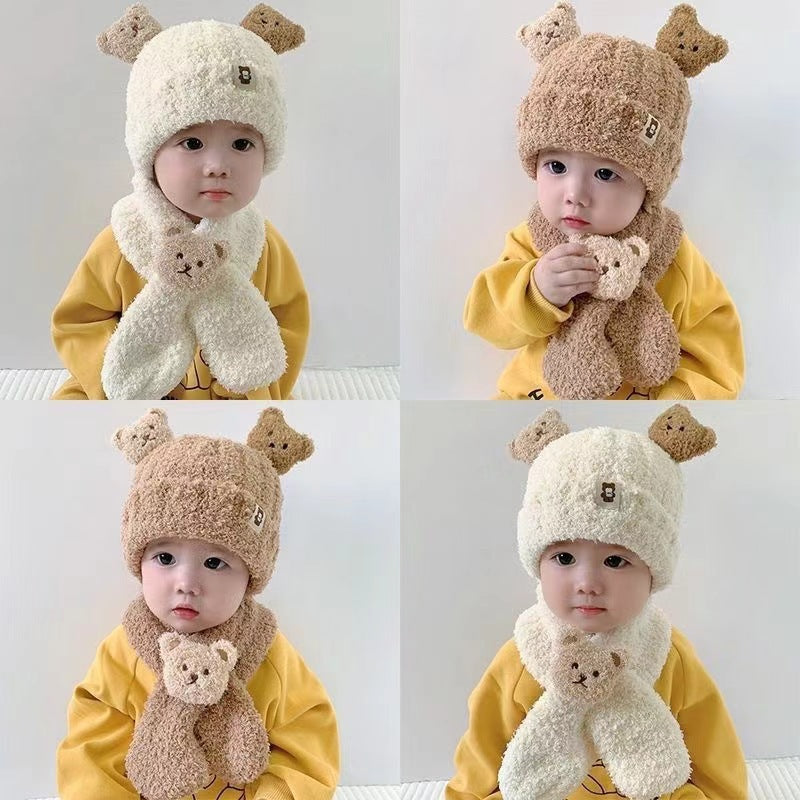 Warm Fleece Baby Hat Scarf Set Knitted Winter Children's Accessories Unisex Cute Bear Design Neck Protection Windproof