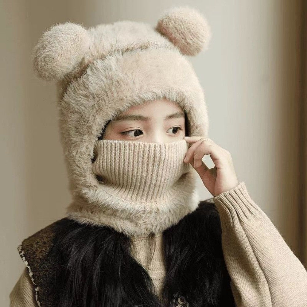 New Warm Scarf Mask Integrated Hat Pompom Windproof Hooded Hat Coldproof Beanie Hat