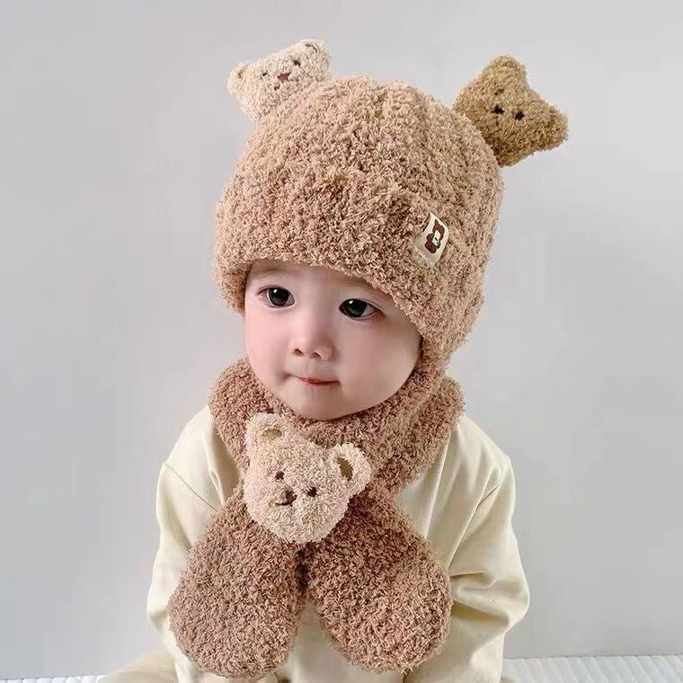 Warm Fleece Baby Hat Scarf Set Knitted Winter Children's Accessories Unisex Cute Bear Design Neck Protection Windproof