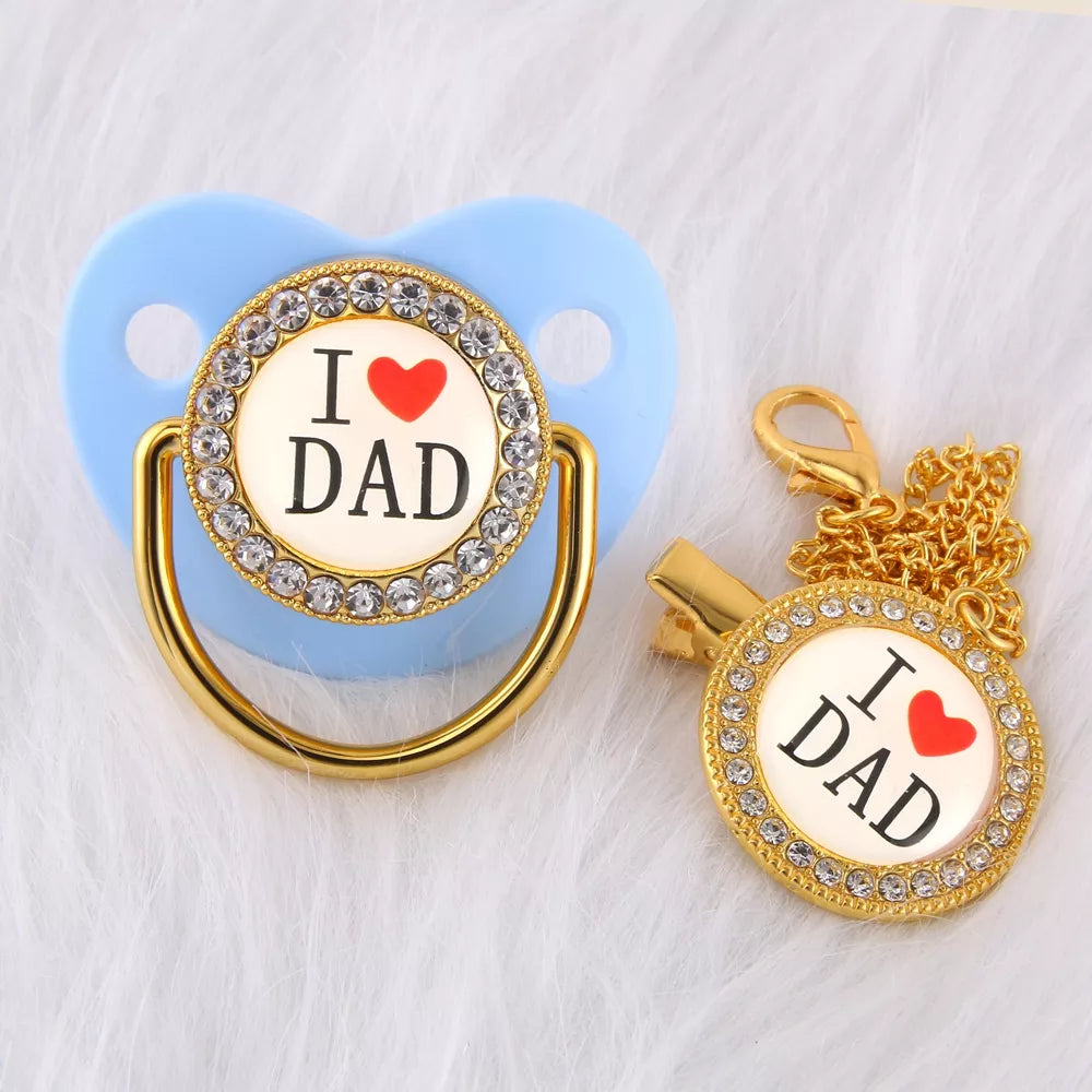 Baby pacifier with chain holder i love dad blue color