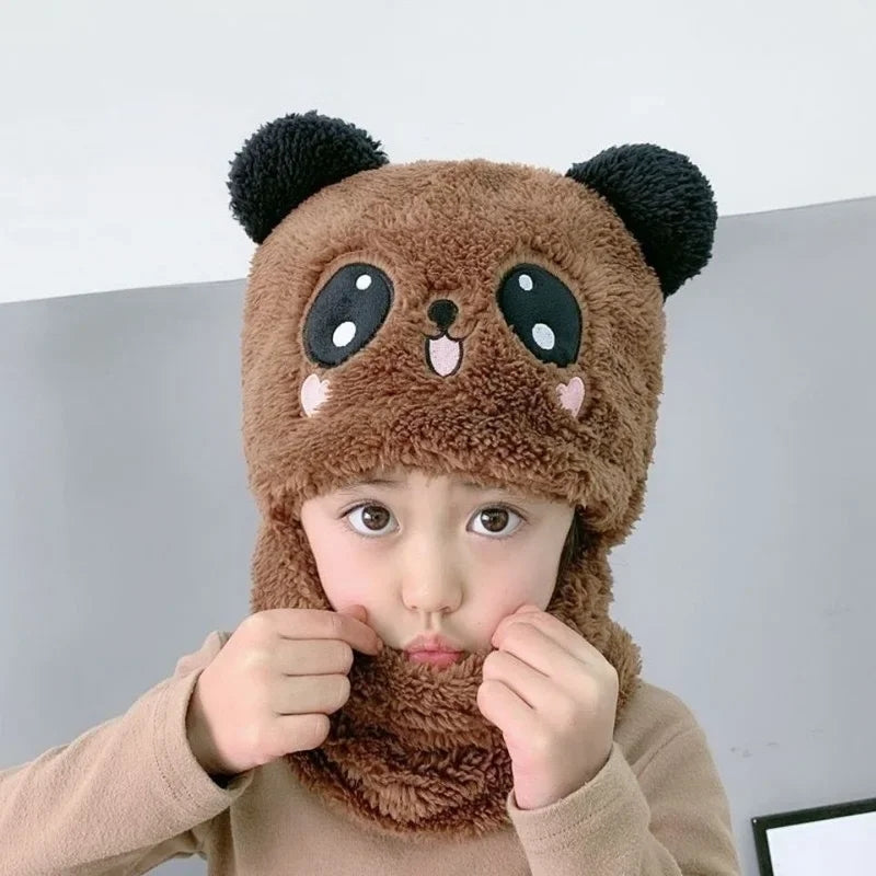 Winter Baby Cap Set Velvet Cartoon Panda Rabbit Baby Head Cover Warm Neck Collar Kids Beanies Sets Plush Children Hat Scarf