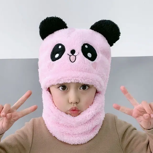 Winter Baby Cap Set Velvet Cartoon Panda Rabbit Baby Head Cover Warm Neck Collar Kids Beanies Sets Plush Children Hat Scarf