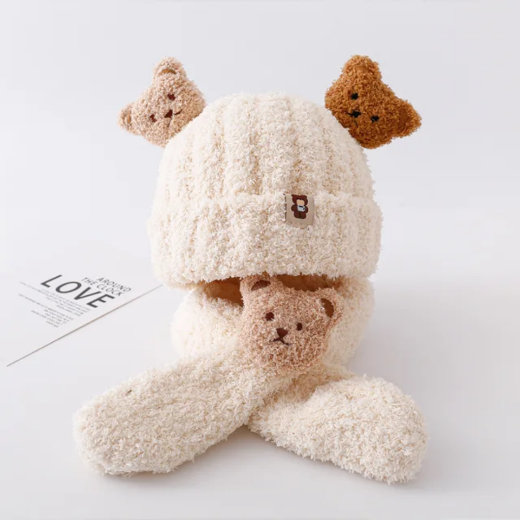 Warm Fleece Baby Hat Scarf Set Knitted Winter Children's Accessories Unisex Cute Bear Design Neck Protection Windproof