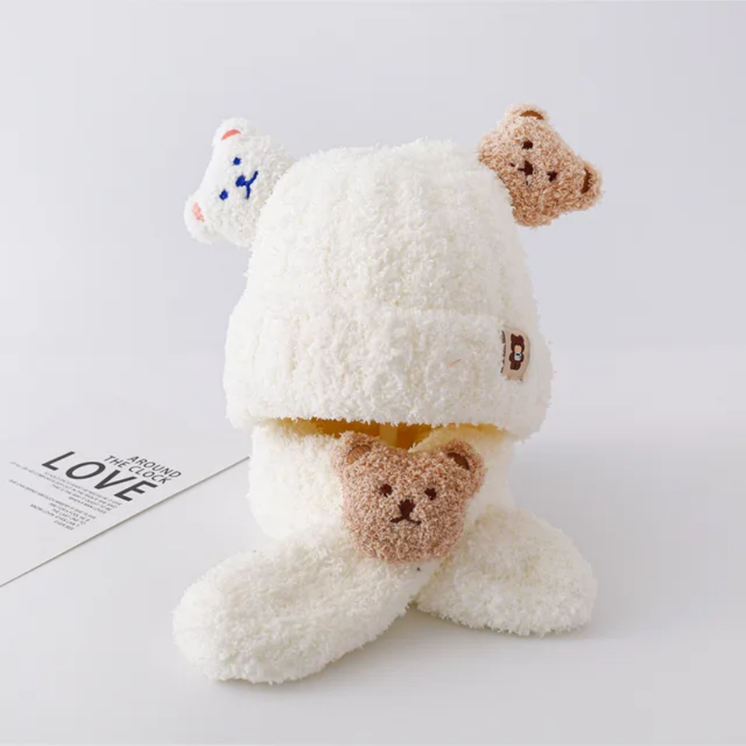 Warm Fleece Baby Hat Scarf Set Knitted Winter Children's Accessories Unisex Cute Bear Design Neck Protection Windproof