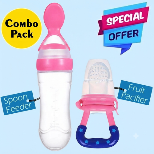Short: Pink baby spoon feeder bottle and matching silicone fruit pacifier combo set.

Detailed: A 2-in-1 baby feeding combo set featuring a clear silicone squeeze spoon feeder bottle with bright pink trim paired with a pink silicone fruit feeder pacifier with a dark blue star-patterned handle. Displays promotional badges for "Combo Pack" and "Special Offer."