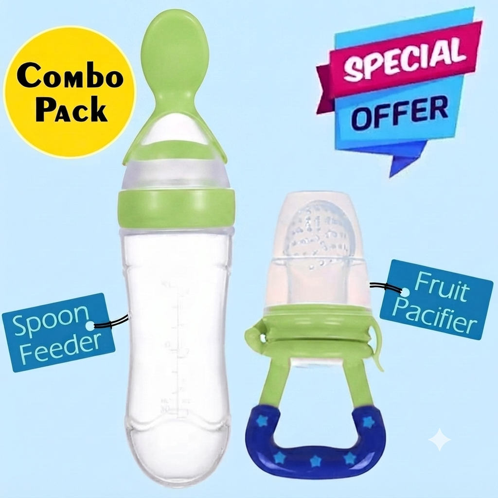 Short: Lime green baby spoon feeder bottle and matching silicone fruit pacifier combo set.

Detailed: A 2-in-1 baby feeding combo set featuring a clear silicone squeeze spoon feeder bottle with soft green accents alongside a matching green silicone fruit feeder pacifier with a dark blue star-patterned handle. Displays promotional badges for "Combo Pack" and "Special Offer."