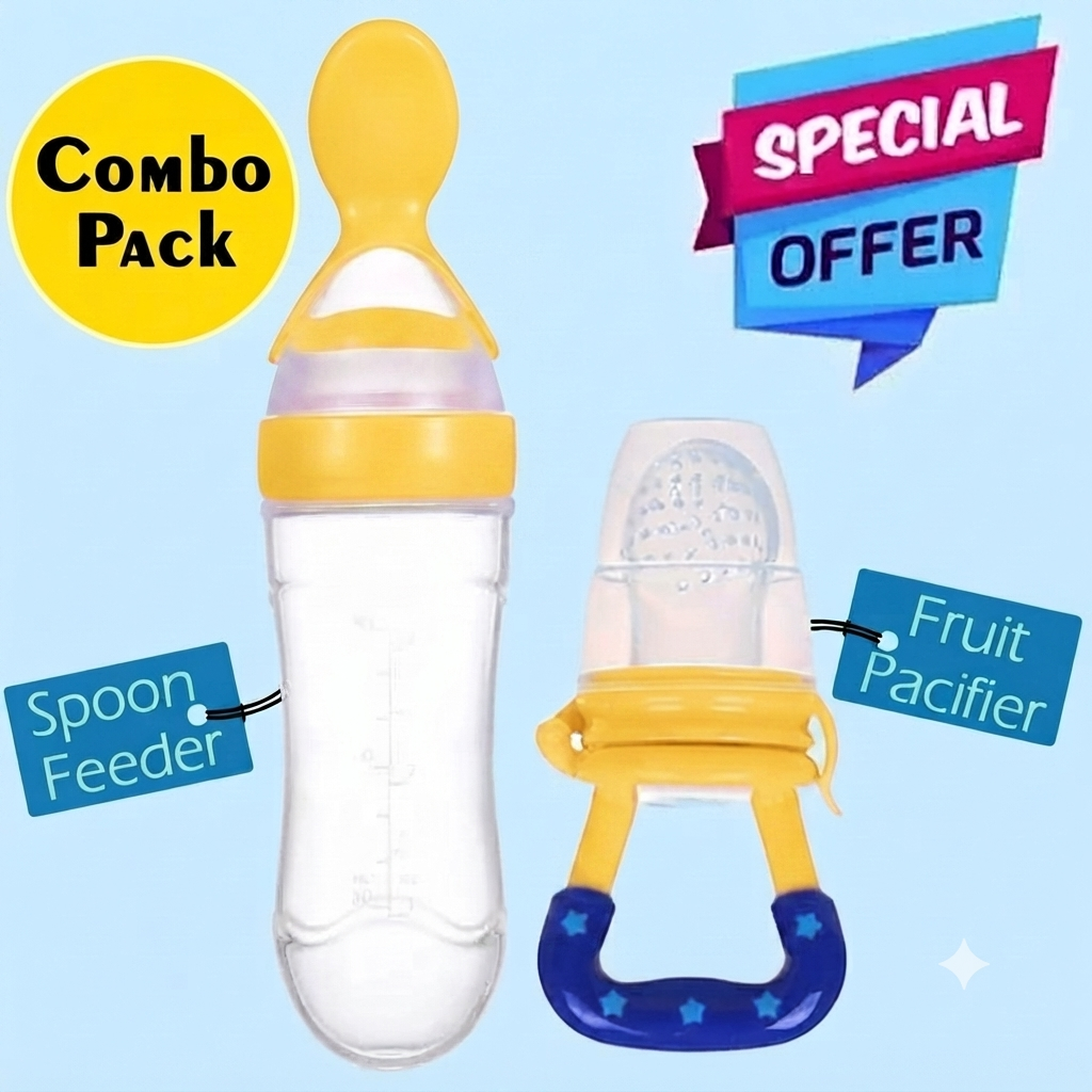 Short: Bright yellow baby spoon feeder bottle and matching silicone fruit pacifier combo set.

Detailed: A 2-in-1 baby feeding combo set featuring a clear silicone squeeze spoon feeder bottle with vibrant yellow accents paired with a yellow silicone fruit feeder pacifier with a dark blue star-patterned handle. Displays promotional badges for "Combo Pack" and "Special Offer."