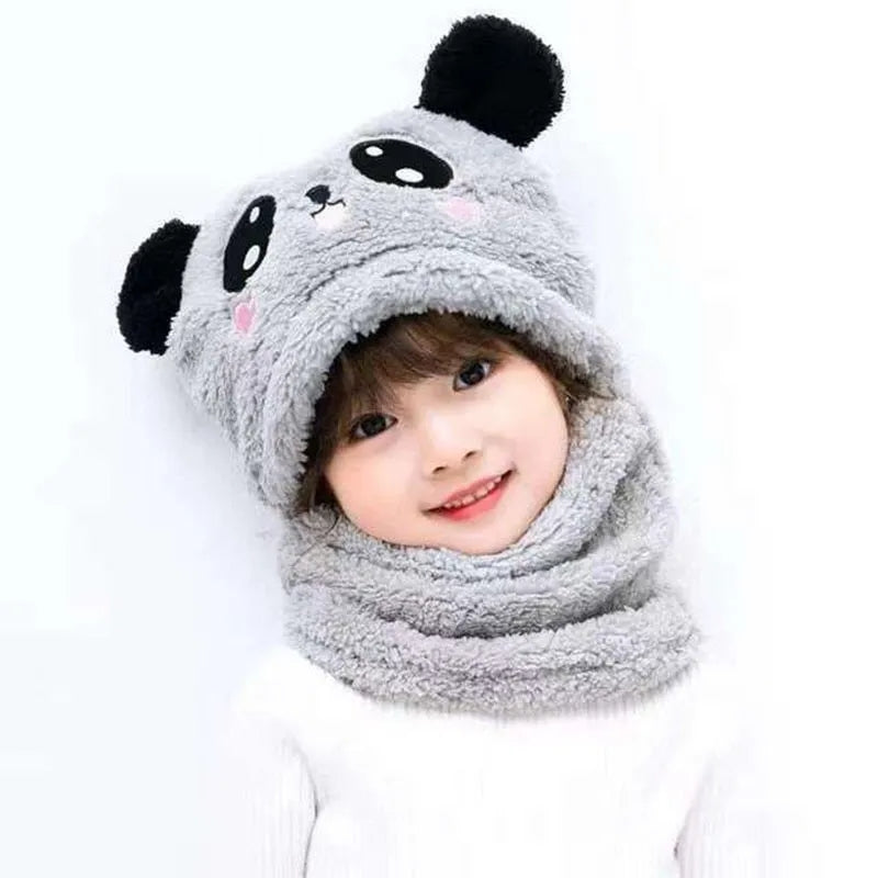 Winter Baby Cap Set Velvet Cartoon Panda Rabbit Baby Head Cover Warm Neck Collar Kids Beanies Sets Plush Children Hat Scarf