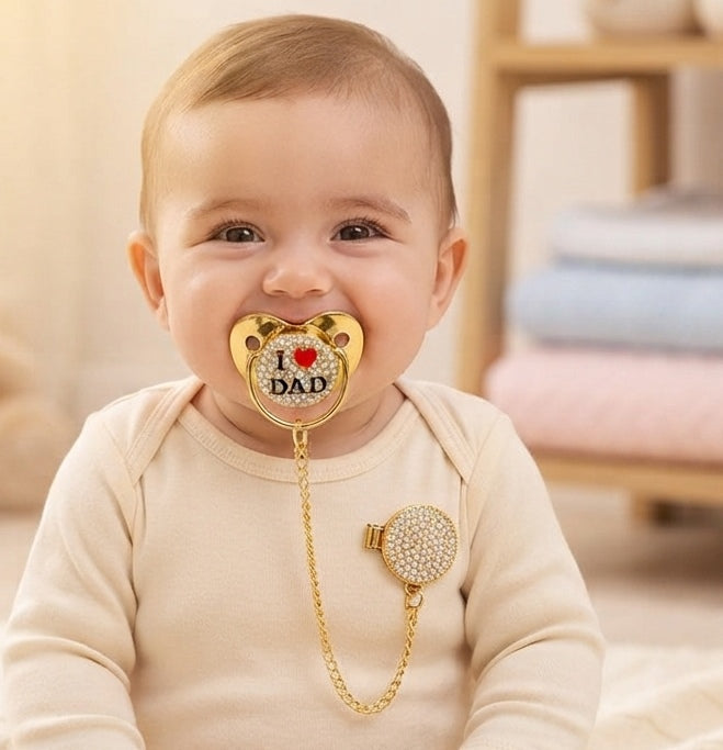 Baby pacifier with chain holder i love Dad golden